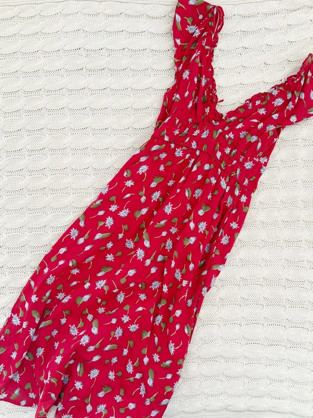 J. Crew Red Floral Palermo Midi Dress with Ruffle Cap Sleeves